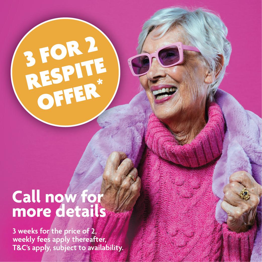 3 for 2 respite offer promotion poster with lady in pink jumper smiling