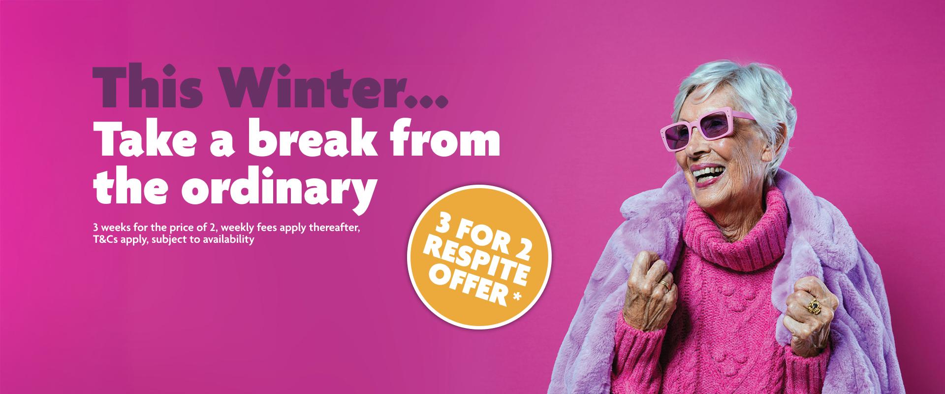 pink 3 for 2 winter respite offer banner with lady in pink jumper smiling